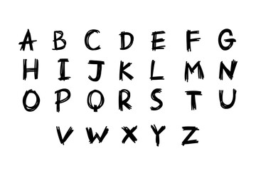 Scribble black english latin abc alphabet font A to Z. Vector illustration in handmade doodle, handwritten doodle style isolated on white background. For decorating, card, logo, wedding invitation.