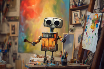 Creative assistant AI bot at work, holding a paintbrush and painting in the artist studio, Artificial Intelligence tech and creativity concept.  - 612790619