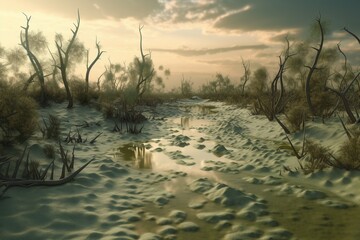 A surreal illustration of a distorted or manipulated natural landscape, such as a swamp or marsh, Generative AI