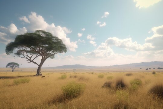 A minimalist landscape with a scenic savannah or grassland, Generative AI