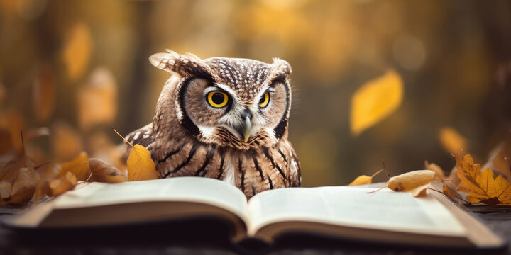 Wise owl reading book in autumn fall background outdoor. Generative ai