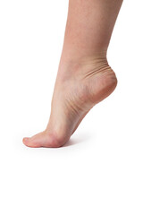 imagen detalle pie derecho descalzo de puntillas vista perfil sobre fondo blanco 