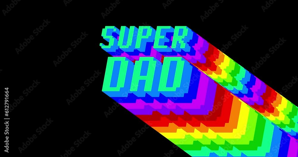 Poster super dad. 4k animated word with long layered multicolored shadow with the colors of a rainbow on bl