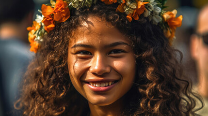 Radiant Polynesian Beauty: Captivating Close-Up Portrait. Generative AI - obrazy, fototapety, plakaty