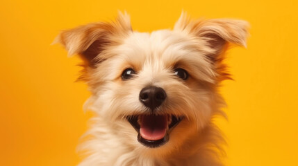 Cheerful Canine Captured on Vibrant Yellow Background. Generative AI