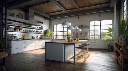 Fototapeta na wymiar Sleek and Stylish Loft Kitchen with White Cabinetry and Exposed Wooden Ceiling. Generative AI