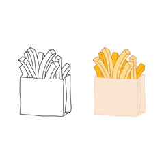 Color and black and white linear image of French fries in paper packaging. Fast food sketch food. Graphic menu symbol. Vector illustration in a doodle style.