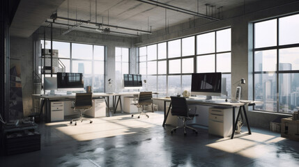 Light-Filled Concrete Office with Panoramic Cityscape. Generative AI