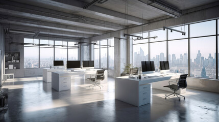 Modern Workspace with White Cabinets and Panoramic Windows. Generative AI