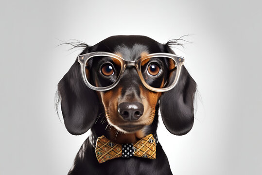 Funny dachshund with big eyes, wearing glasses. Part of a creative series featuring the same pup