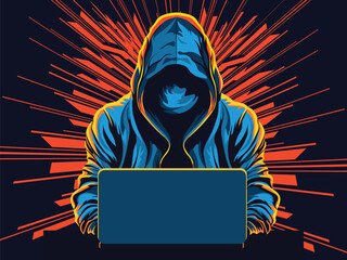 Anonymous Hacker Using Laptop On Abstract Rays Background.