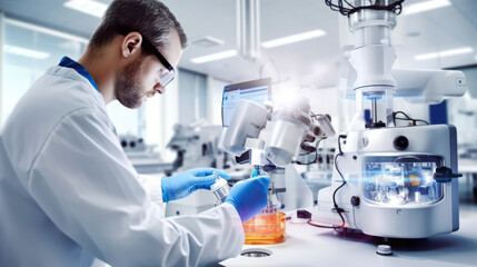 Technician performing analysis in the diagnostic analysis equipment of the Laboratory. Researcher working in the biotechnology laboratory with scientific material. Generative Ai.
