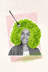 Poster banner collage of happy lady with green color hair fresh lettuce vegetarian eating salad healthy lifestyle