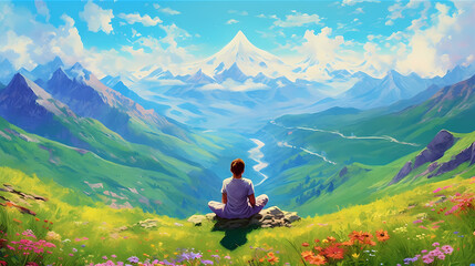 A serene yogi sitting cross-legged on a mountain peak, surrounded by lush green meadows and colorful blooming flowers. Generative ai.