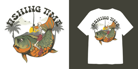 Skeleton fishing time under sunset mountain