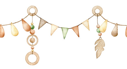 Watercolor Cute seamless garland with triangular flags, teething toys and wooden rattles, celebration design element. Hand drawn kids illustration for baby shower, poster, fabric, welcome baby party