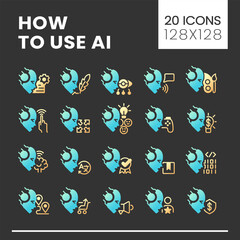 How to use AI big gradient glyph icons set with lineart for dark theme. Artificial intelligence in daily life. Isolated color vector illustrations for night mode. Solid linear pictograms pack