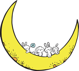 A cartoon rabbit on a fairytale glowing yellow crescent moon. © phornphol