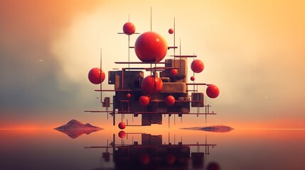 Geometric art installation with a spheres. Creative and playful space that stimulates productivity with colourful accents. Generative AI. Illustration for brochure, poster, presentation or banner.