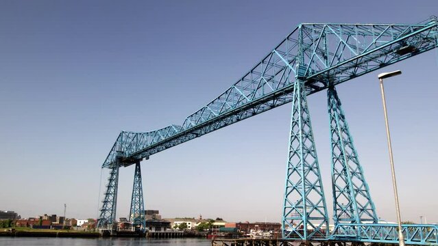 Slow Dolly In drone shot of the Transporter Bridge in Middlesbrough at low level 