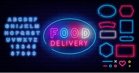 Food delivery neon signboard. Glowing advertising. Catering service. Vector stock illustration