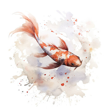 A beautiful Japanese koi fish in traditional sumi-e watercolour style.  White background. Generative AI.