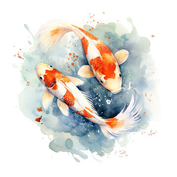 Two beautiful Japanese koi fish in traditional sumi-e watercolour style.  White background. Generative AI.