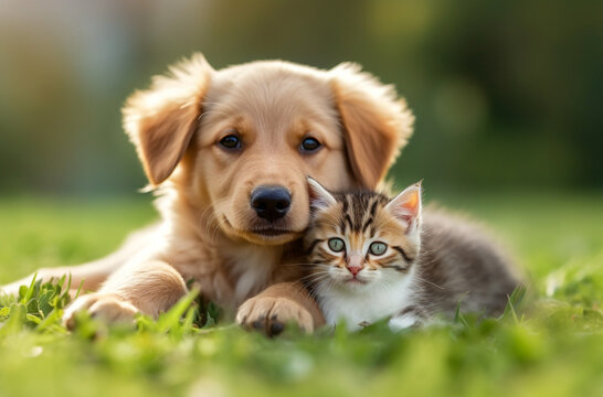 golden retriever puppy and kitten