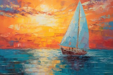 Fototapeta na wymiar Sailboat in Ocean at Sunset - Fine Art Painting