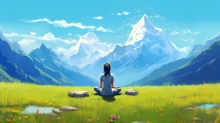 Naklejka premium A serene yogi sitting cross-legged on a mountain peak, surrounded by lush green meadows and colorful blooming flowers. Generative ai.