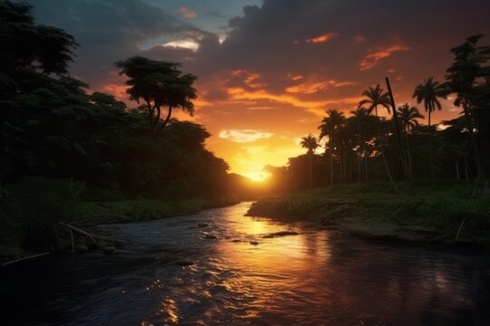 A breathtaking image showcasing a vibrant sunset casting warm hues over the Amazon rainforest, creating a serene and picturesque scene. Generative AI