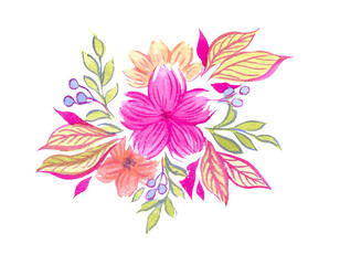 Watercolor floral arrangement with colorful flowers, leaves and berries. Hand drawn illustration of flowers for decoration, postcards, congratulations. Cute style for design.