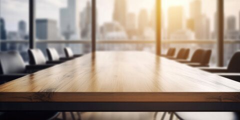 Beautiful Blurred Background of a Modern Office Interior with panoramic windows and negotiating table. Generative ai