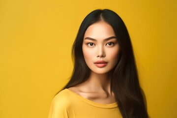 Naklejka premium Photo of Beautiful Asian Woman with smooth skin on yellow background. Generative AI