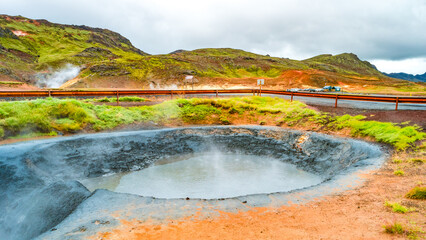 Krysuvik, Seltun, Iceland. Panoramic over geothermal area Krysuvik, Seltun and big boiling cavity...