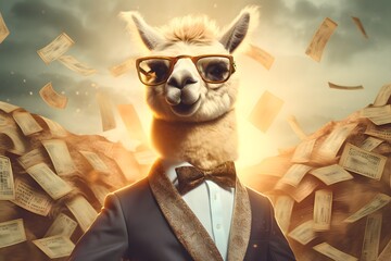 llama businessman in suit on the background of money banknotes, Generative AI