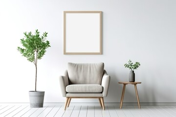 Blank picture frame mockup on white wall. White living room design. View of modern scandinavian style interior with chair. Home staging and minimalism concept | Generative AI