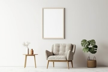 Blank picture frame mockup on white wall. White living room design. View of modern scandinavian style interior with chair. Home staging and minimalism concept | Generative AI