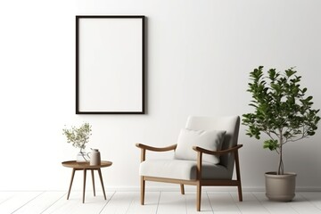Blank picture frame mockup on white wall. White living room design. View of modern scandinavian style interior with chair. Home staging and minimalism concept | Generative AI