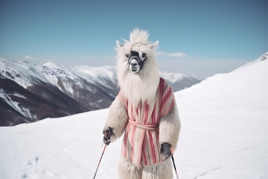 llama skiing in winter, mountains in the background, Generative AI