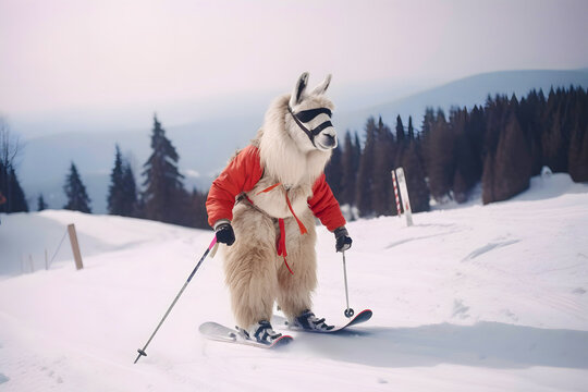 llama is skiing in winter against the background of snow-covered mountains and trees, Generative AI