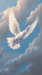 Fototapeta premium A white dove flies and to symbolise the Holy Spirit and Pentecost. Generative AI