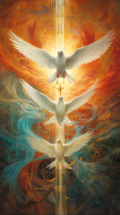 Three white doves symbolise the Holy Trinity, the Holy Spirit and Pentecost. Generative AI