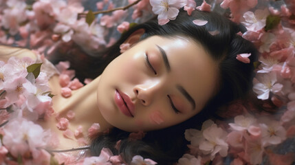 Obraz na płótnie Canvas A dreamy photograph capturing an oriental girl surrounded by cherry blossom petals, the soft hues and delicate beauty symbolizing the transient nature of life Generative AI
