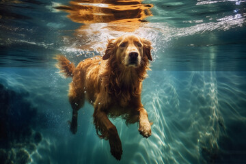 water dog fun vacation snorkeling funny swimming underwater pool puppy. Generative AI.