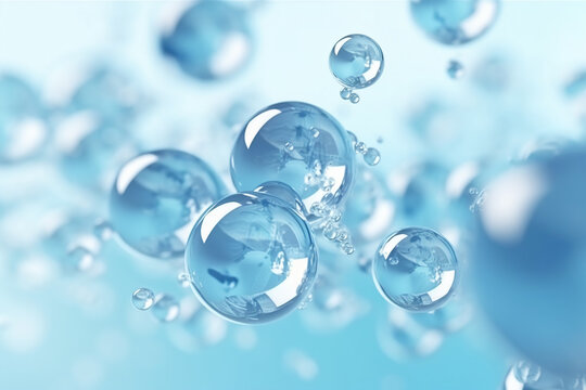 Scientific and cosmetology background with abstract molecular structure. Blue light transparent liquid bubbles. AI generated