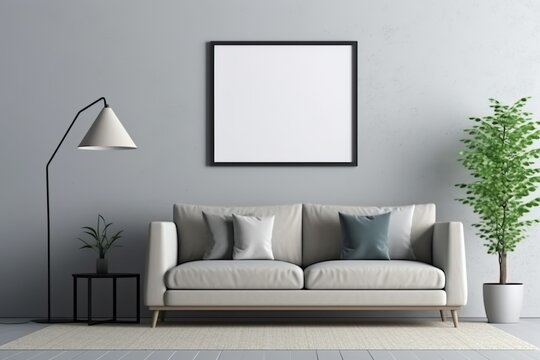 Blank picture frame mockup on gray wall. White living room design. View of modern scandinavian style interior with square artwork mock up on wall. Home staging and minimalism concept | Generative AI