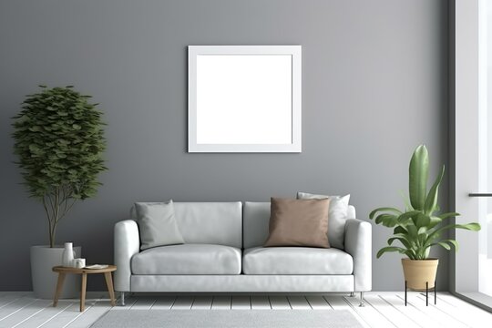 Blank picture frame mockup on gray wall. White living room design. View of modern scandinavian style interior with square artwork mock up on wall. Home staging and minimalism concept | Generative AI