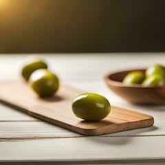 Green olives on a table. Created with generative Ai technology.