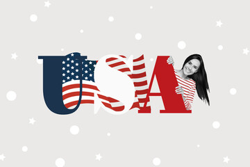 Collage image of positive black white effect girl peek behind usa national flag independence day placard isolated on grey background
